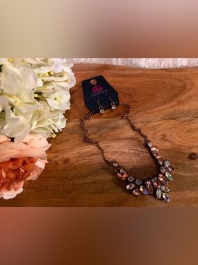 paparazzi Rose Gold-Tone Smoky Pink Crystal Statement Necklace with Earrings